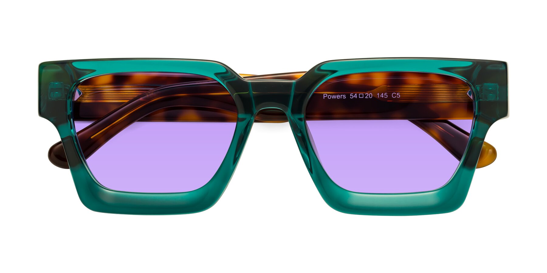 Folded Front of Powers in Green-Tortoise with Medium Purple Tinted Lenses