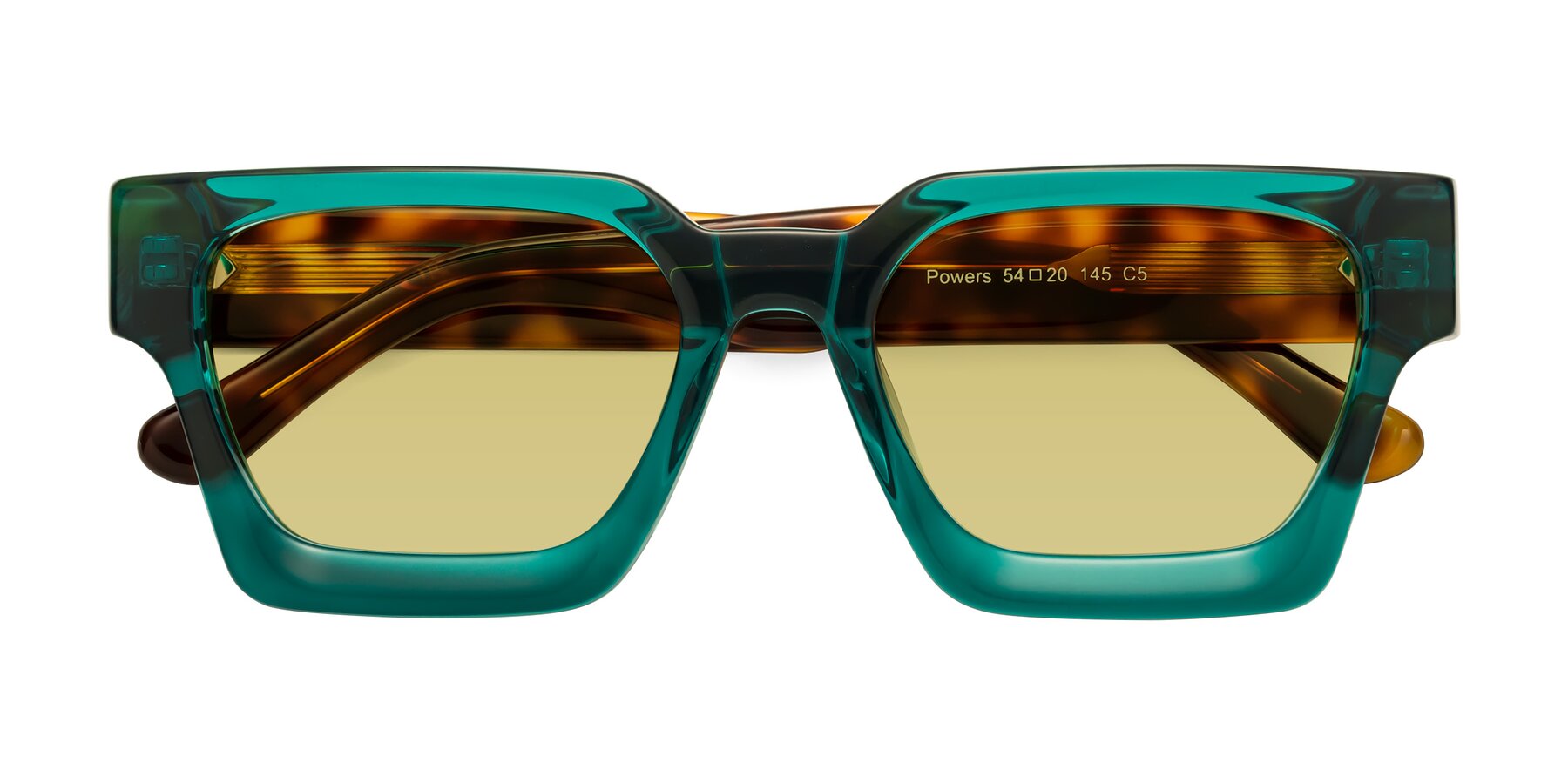 Folded Front of Powers in Green-Tortoise with Medium Champagne Tinted Lenses