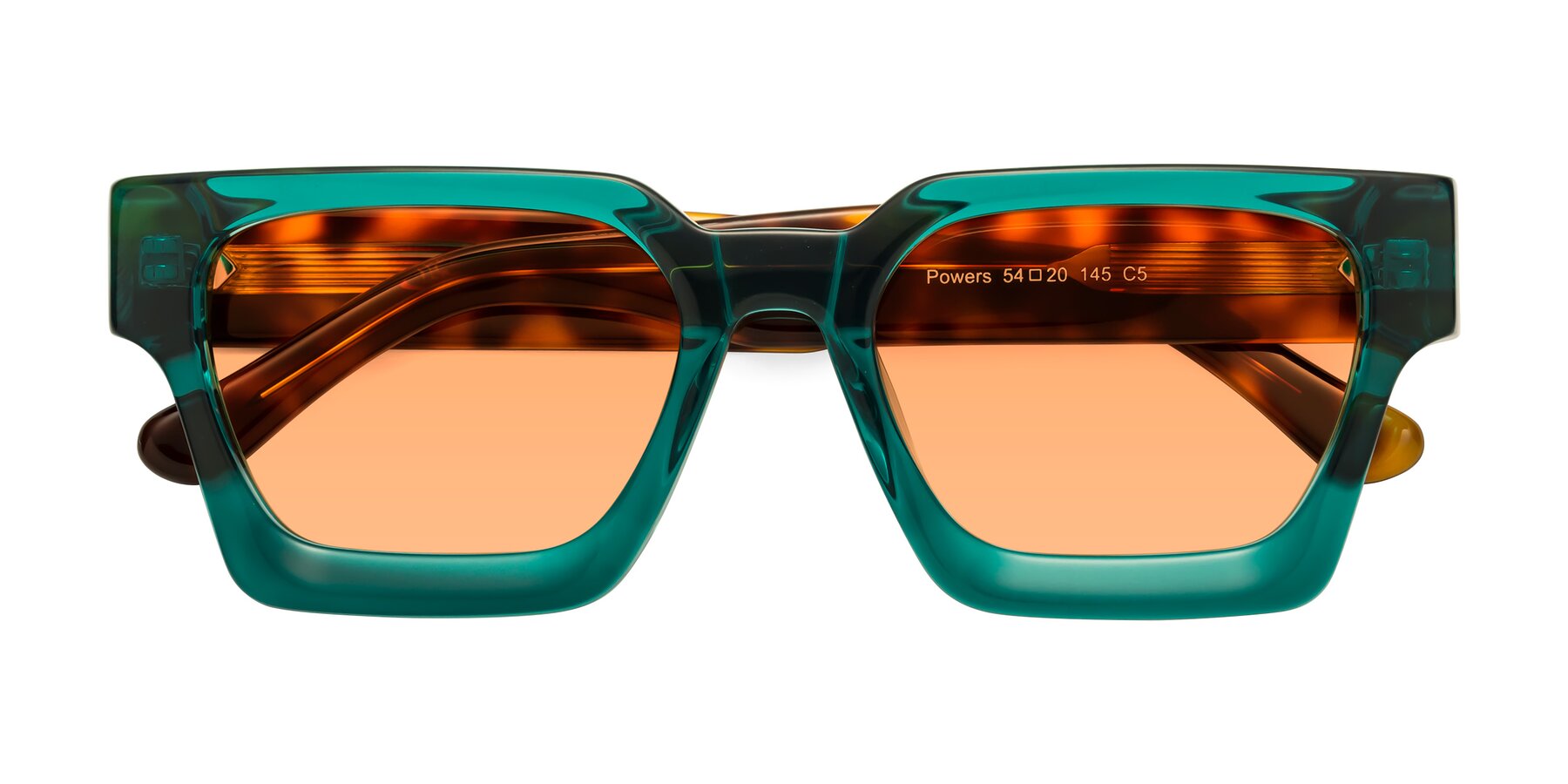 Folded Front of Powers in Green-Tortoise with Medium Orange Tinted Lenses