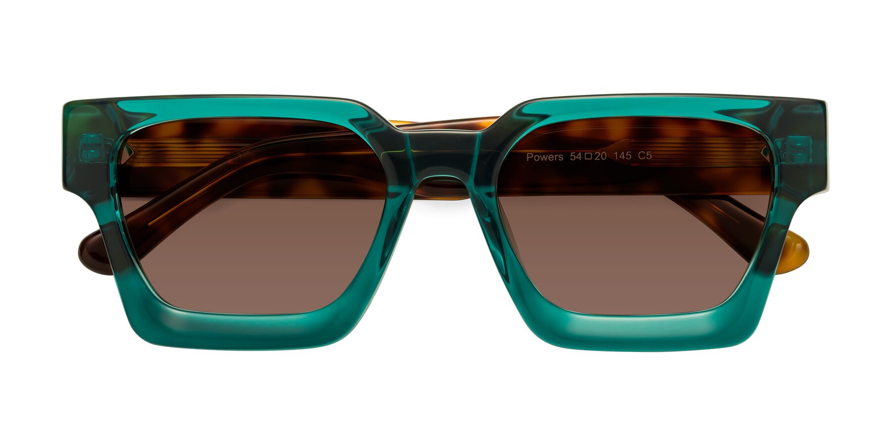 Folded Front of Powers in Green-Tortoise with Brown Tinted Lenses