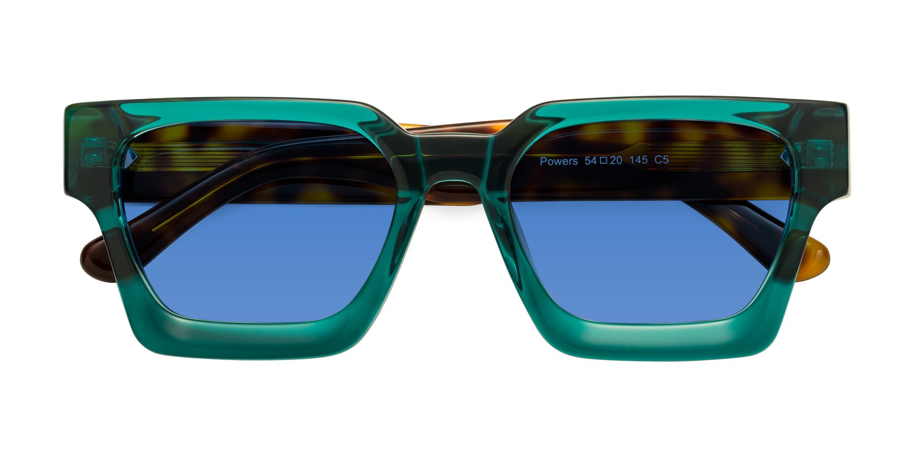 Folded Front of Powers in Green-Tortoise with Blue Tinted Lenses