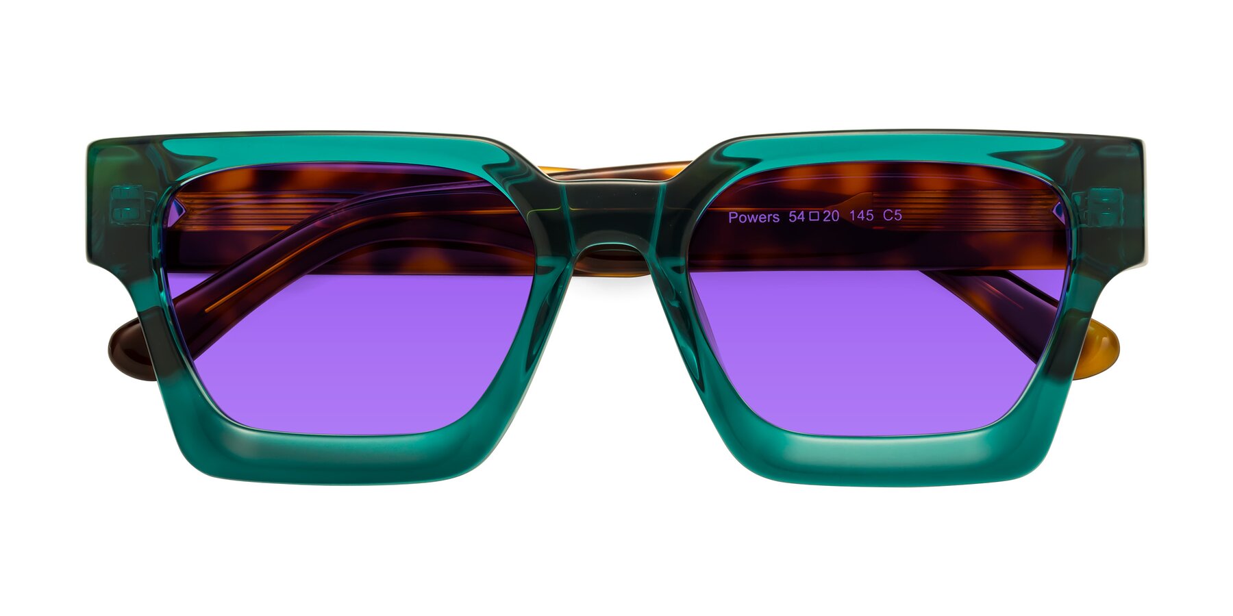 Folded Front of Powers in Green-Tortoise with Purple Tinted Lenses