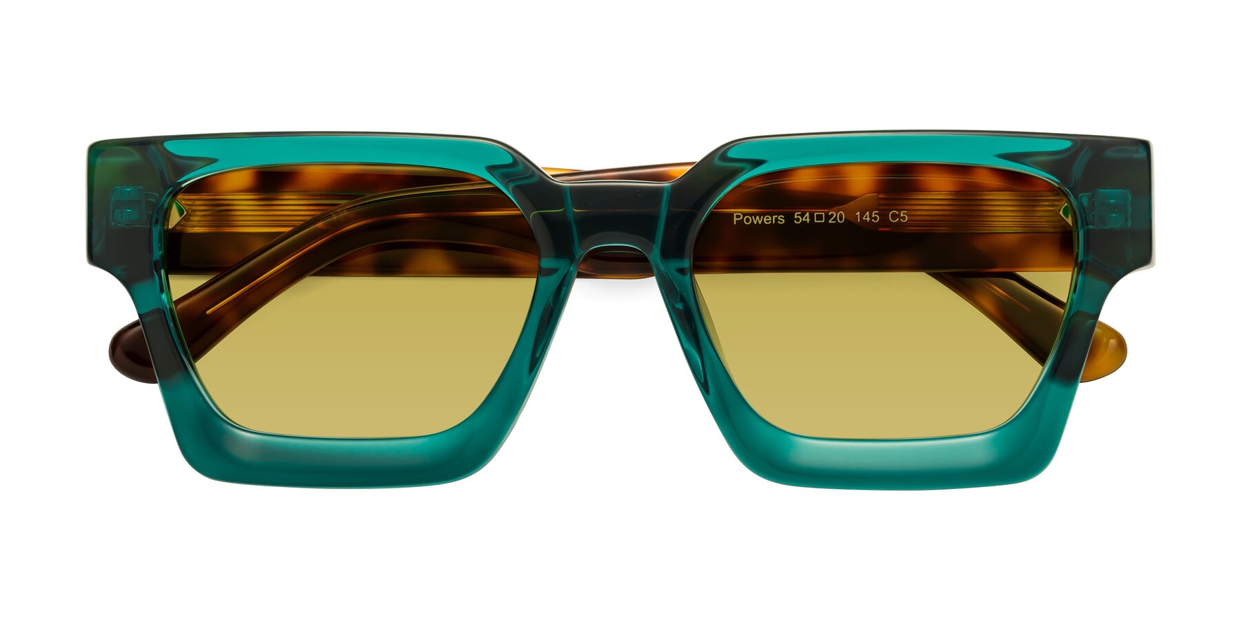 Folded Front of Powers in Green-Tortoise with Champagne Tinted Lenses