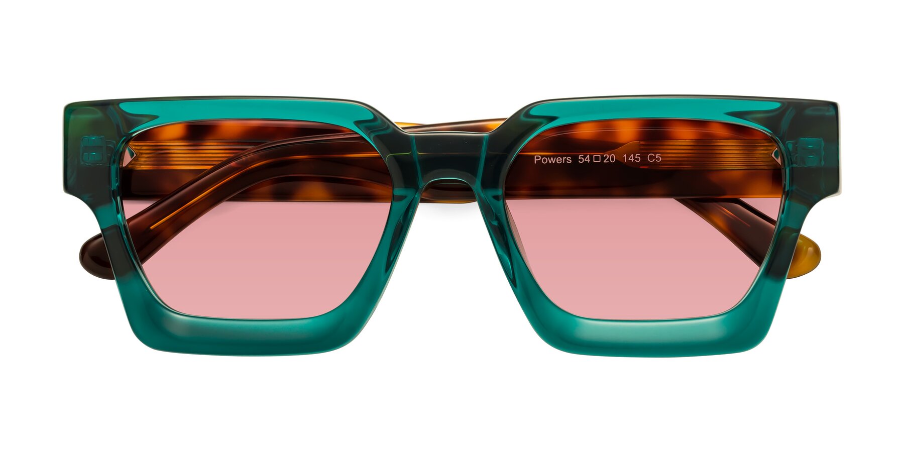 Folded Front of Powers in Green-Tortoise with Medium Garnet Tinted Lenses