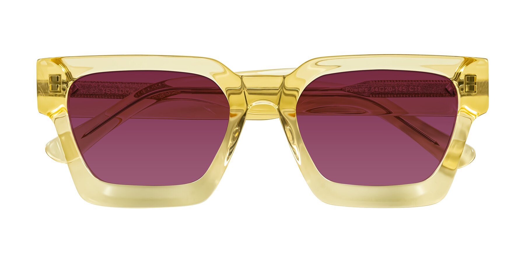 Folded Front of Powers in Light Yellow with Wine Tinted Lenses