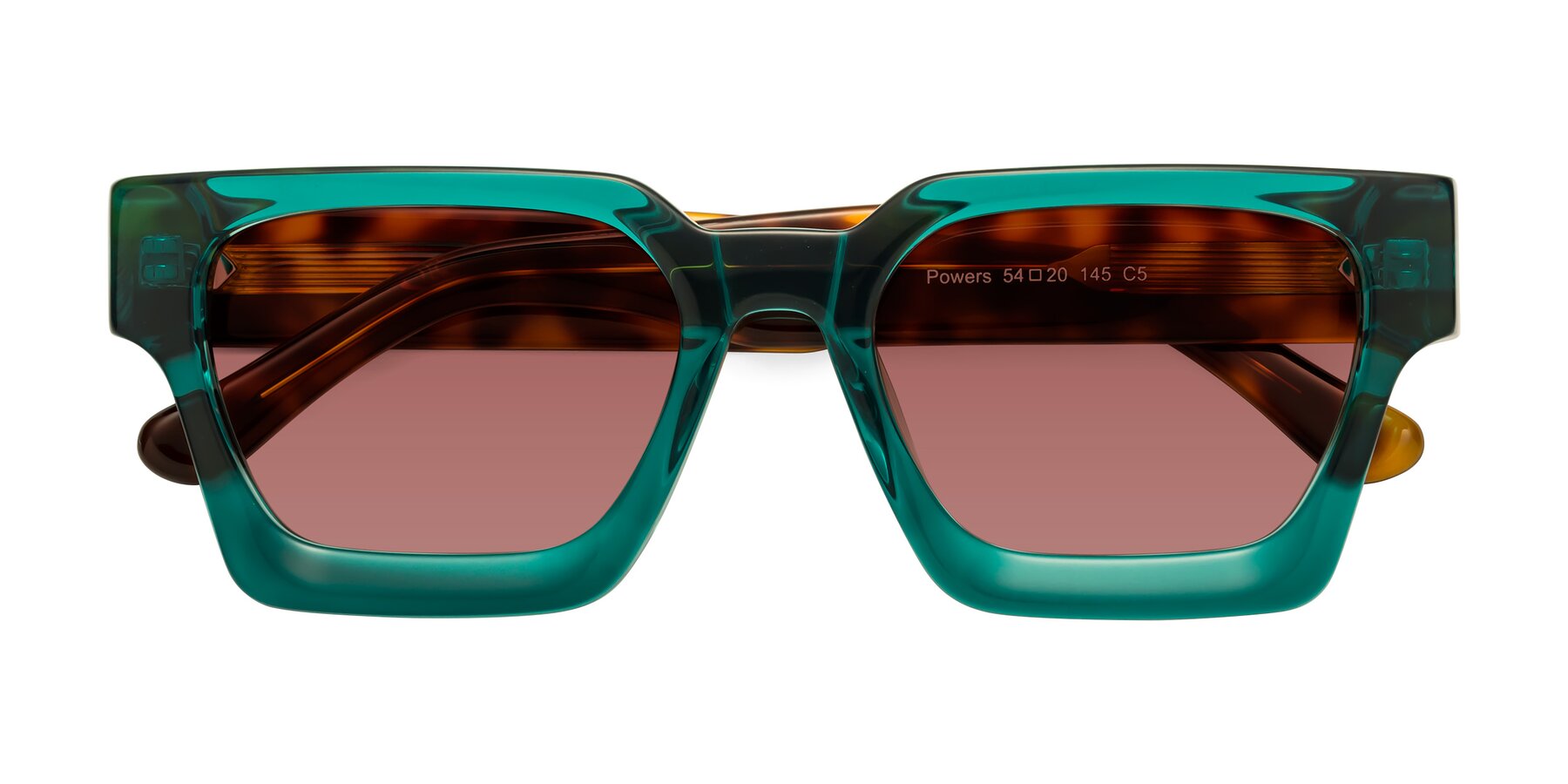 Folded Front of Powers in Green-Tortoise with Garnet Tinted Lenses