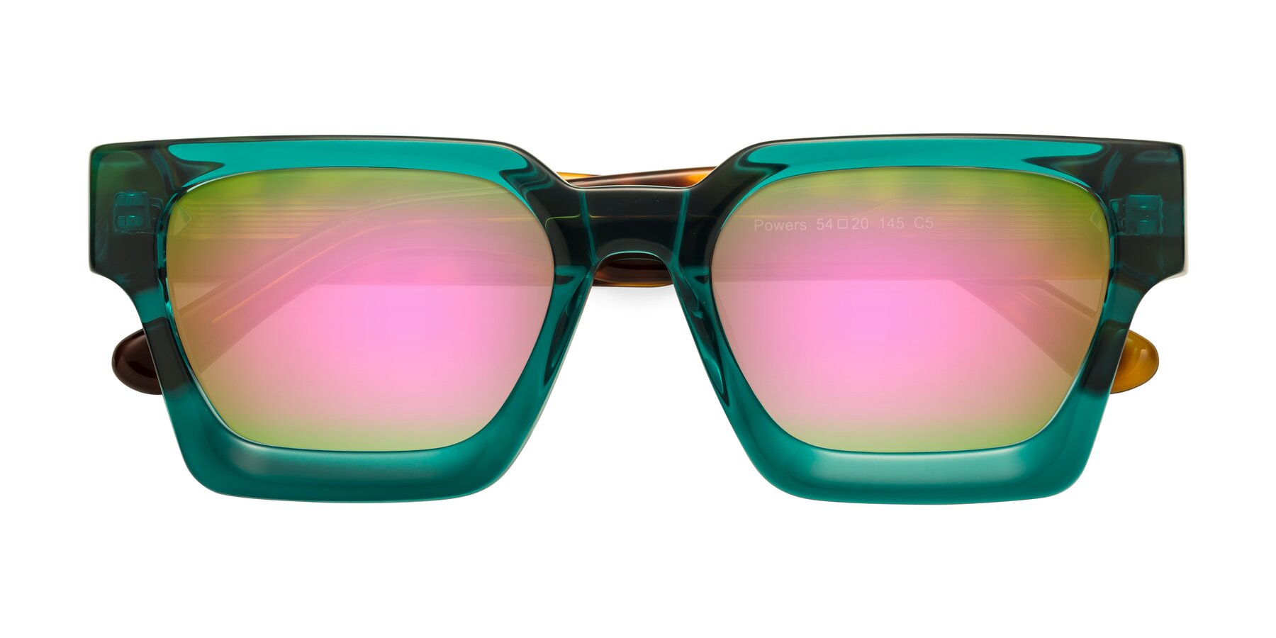 Folded Front of Powers in Green-Tortoise with Pink Mirrored Lenses