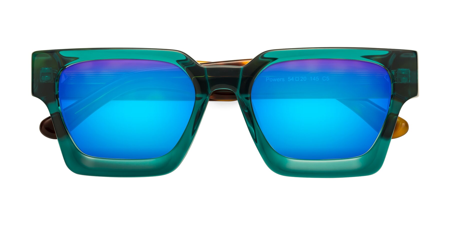 Folded Front of Powers in Green-Tortoise with Blue Mirrored Lenses