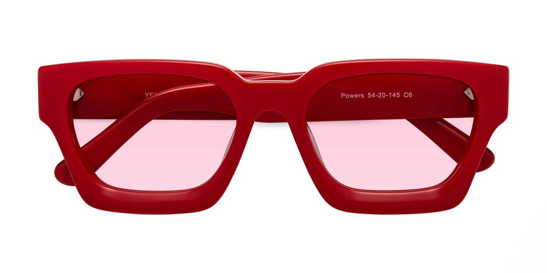 Folded Front of Powers in Red with Light Pink Tinted Lenses