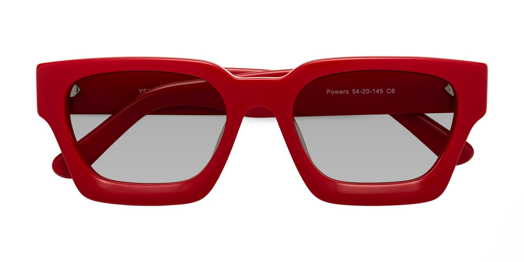 Folded Front of Powers in Red with Light Gray Tinted Lenses