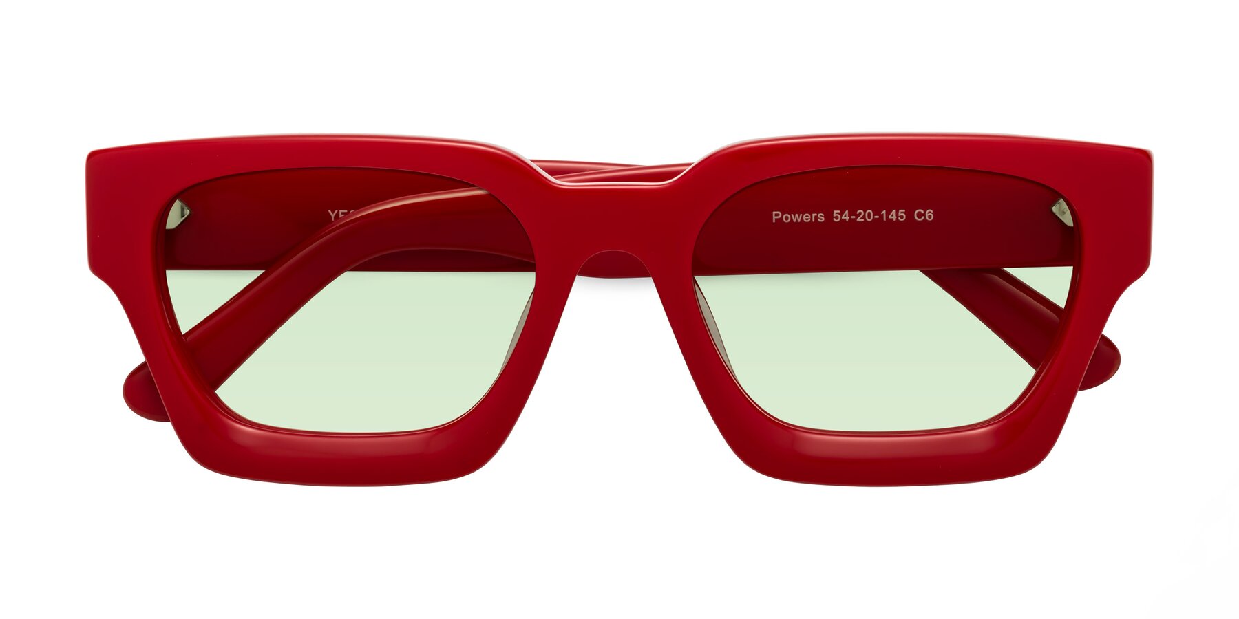Folded Front of Powers in Red with Light Green Tinted Lenses