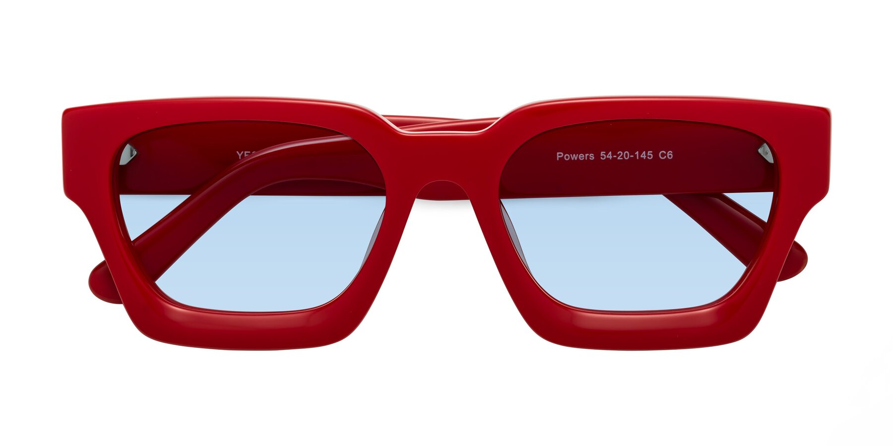 Folded Front of Powers in Red with Light Blue Tinted Lenses