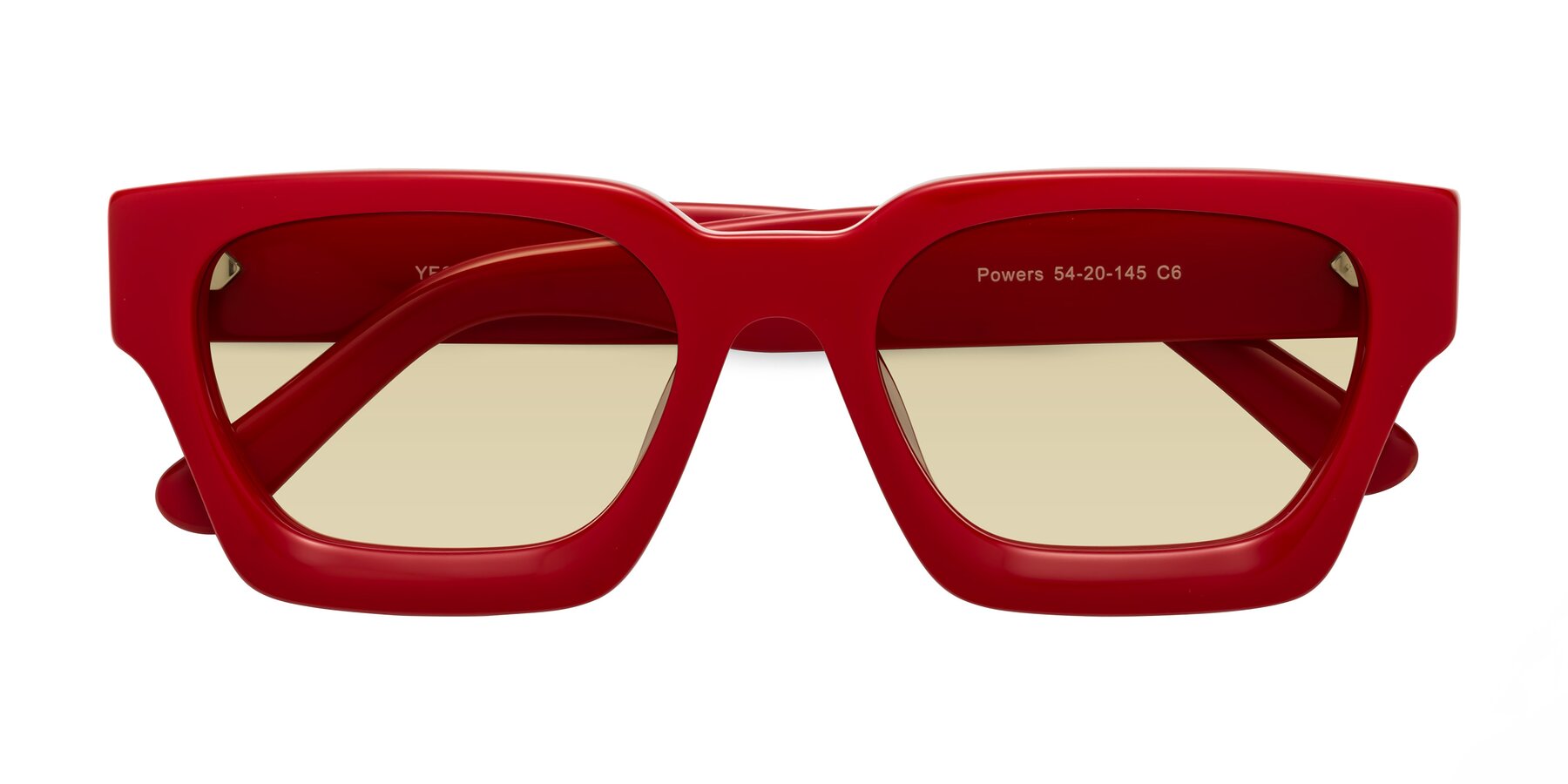 Folded Front of Powers in Red with Light Champagne Tinted Lenses