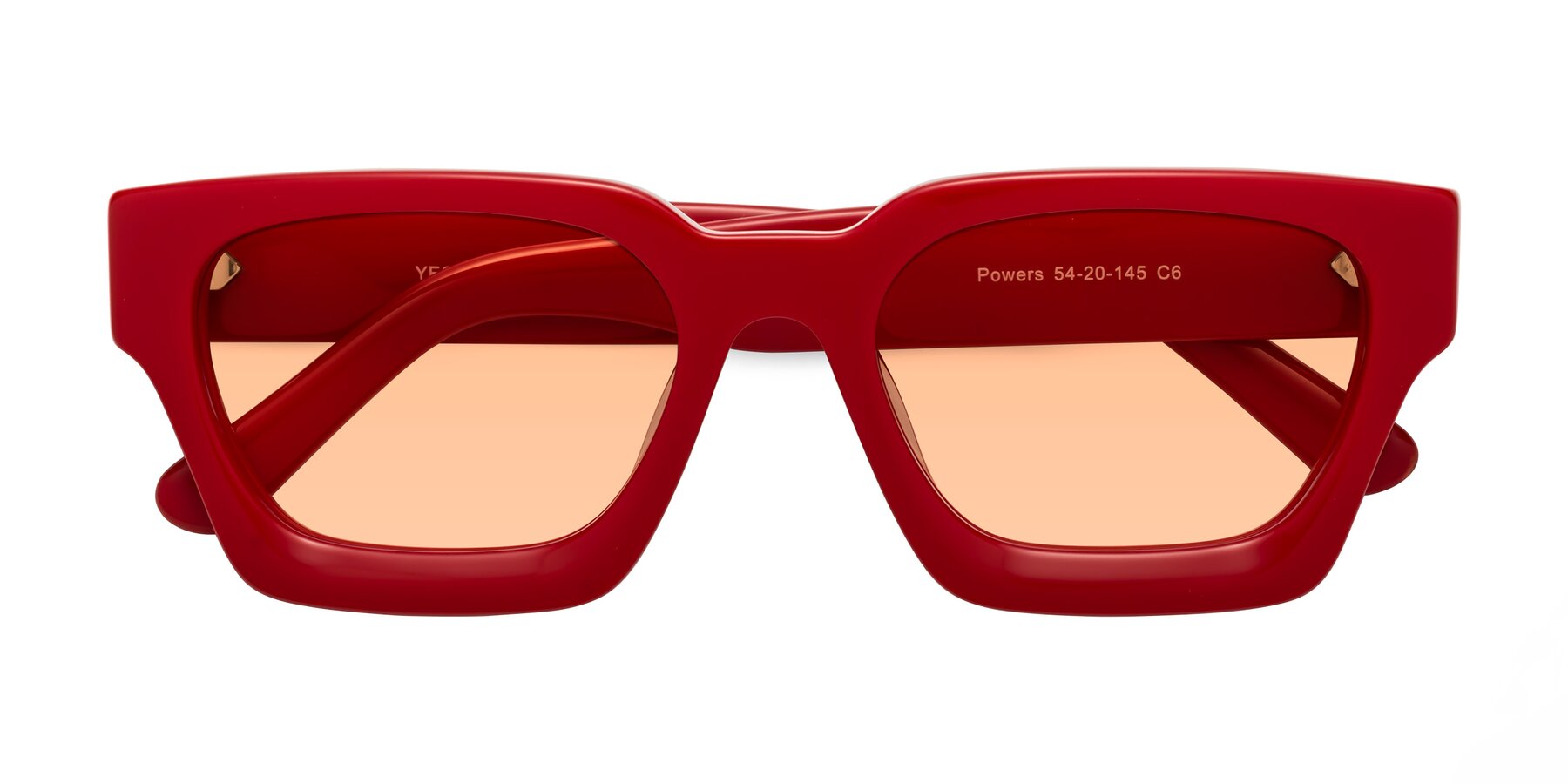 Folded Front of Powers in Red with Light Orange Tinted Lenses