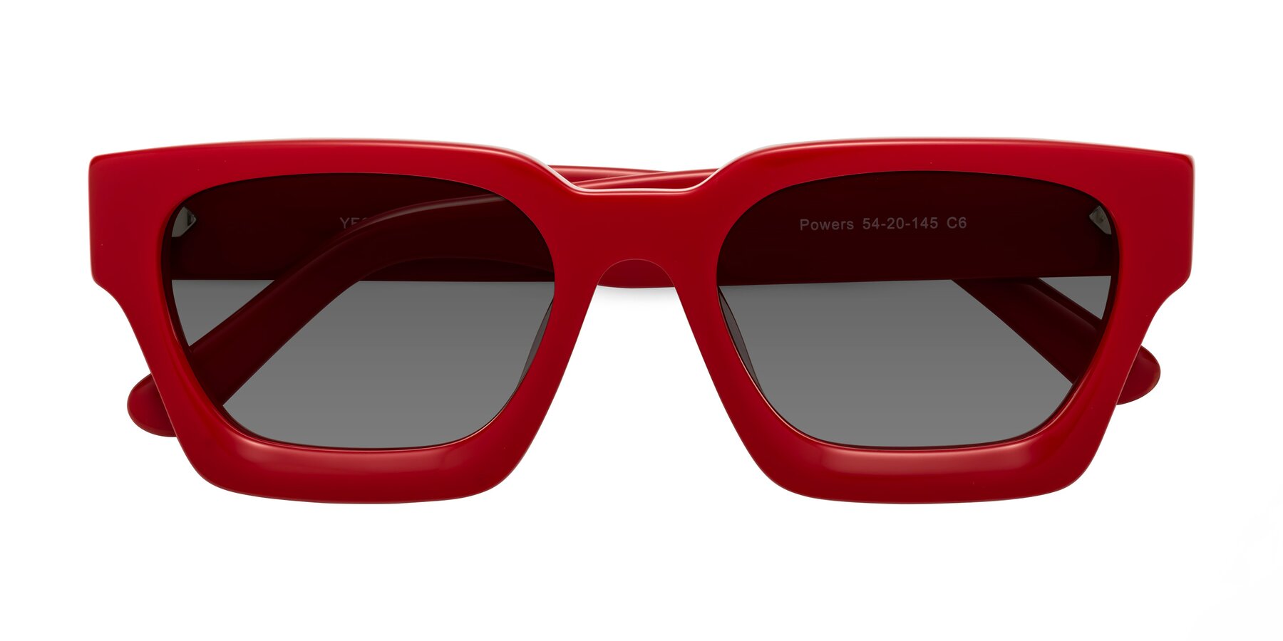 Folded Front of Powers in Red with Medium Gray Tinted Lenses