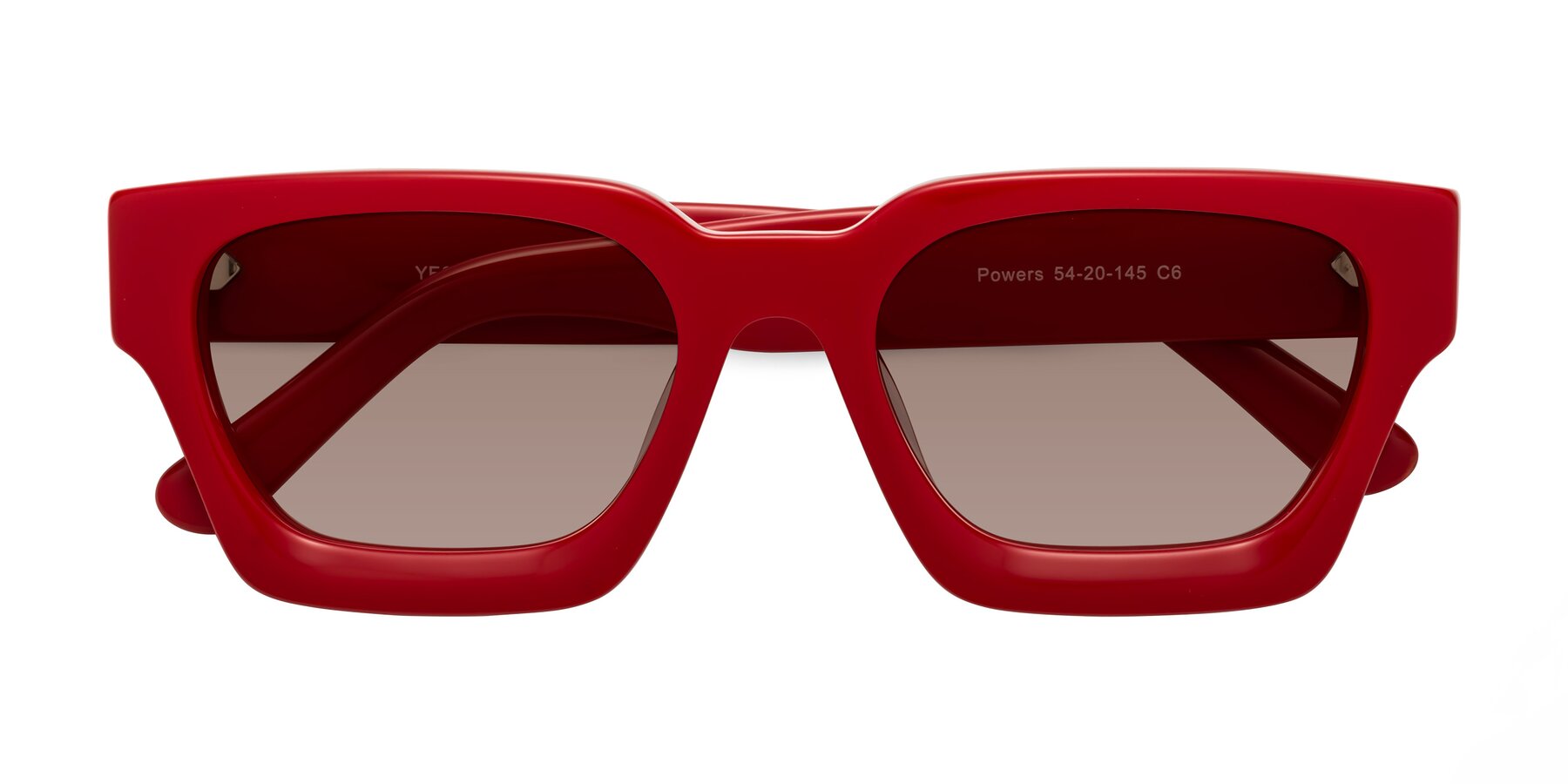 Folded Front of Powers in Red with Medium Brown Tinted Lenses