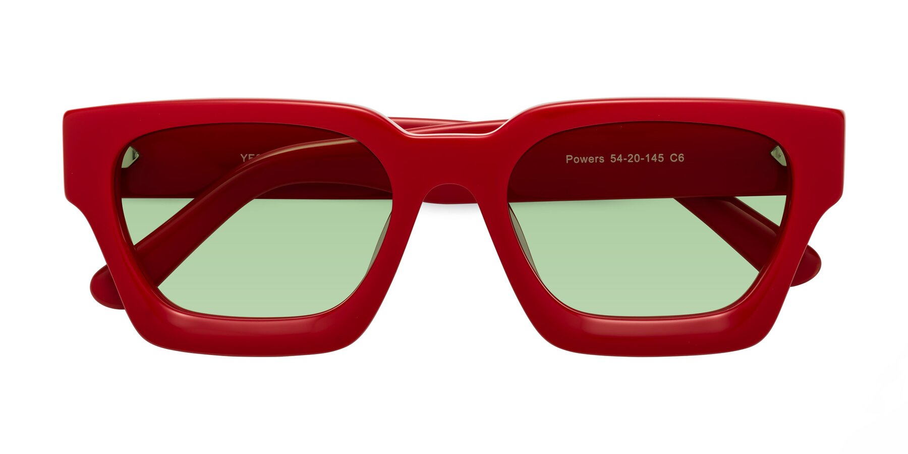 Folded Front of Powers in Red with Medium Green Tinted Lenses