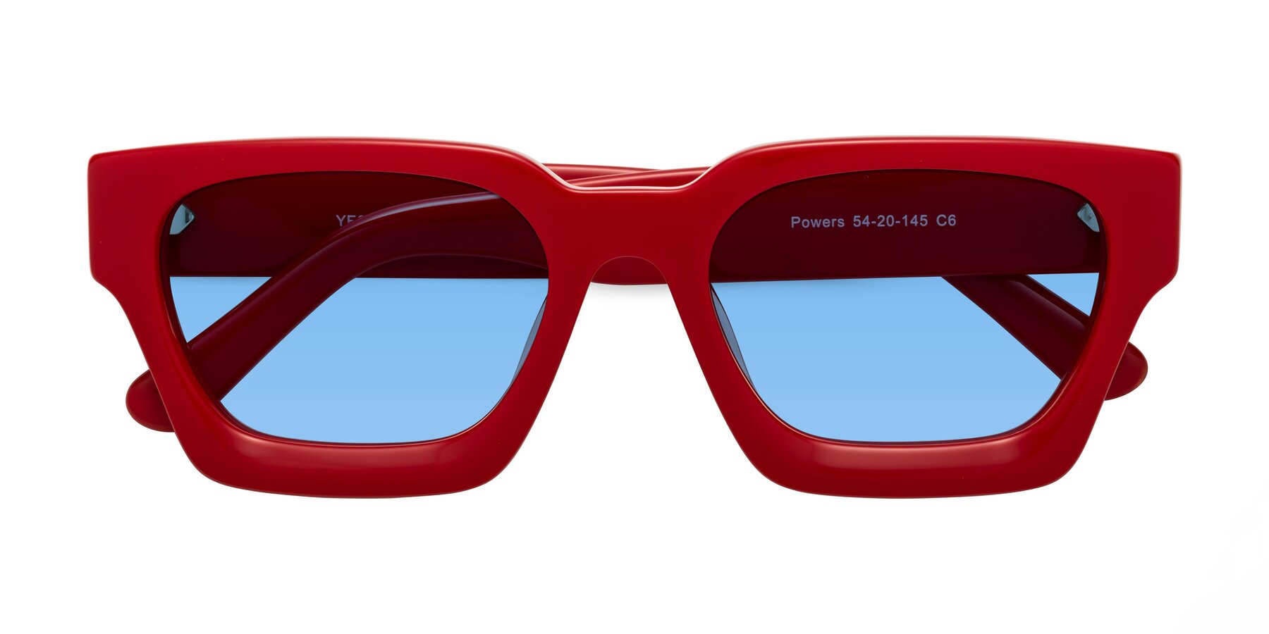 Folded Front of Powers in Red with Medium Blue Tinted Lenses