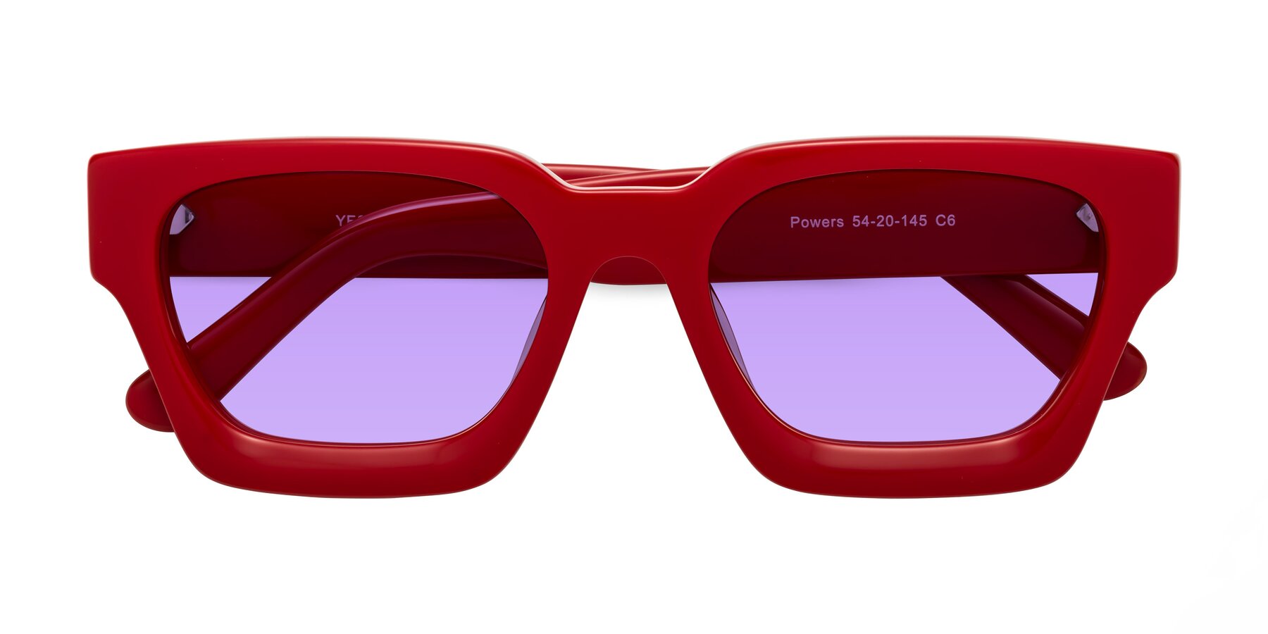 Folded Front of Powers in Red with Medium Purple Tinted Lenses