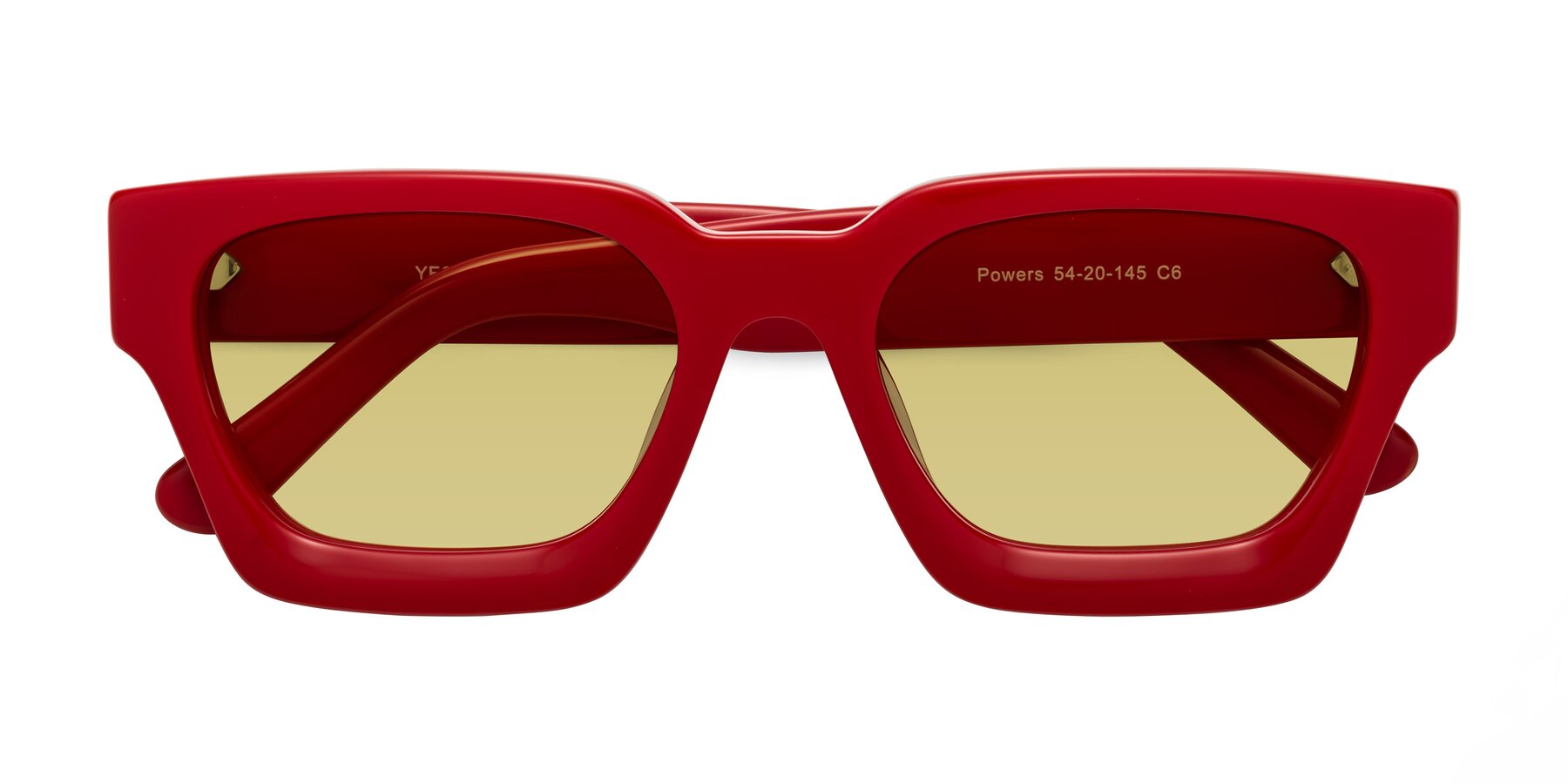 Folded Front of Powers in Red with Medium Champagne Tinted Lenses