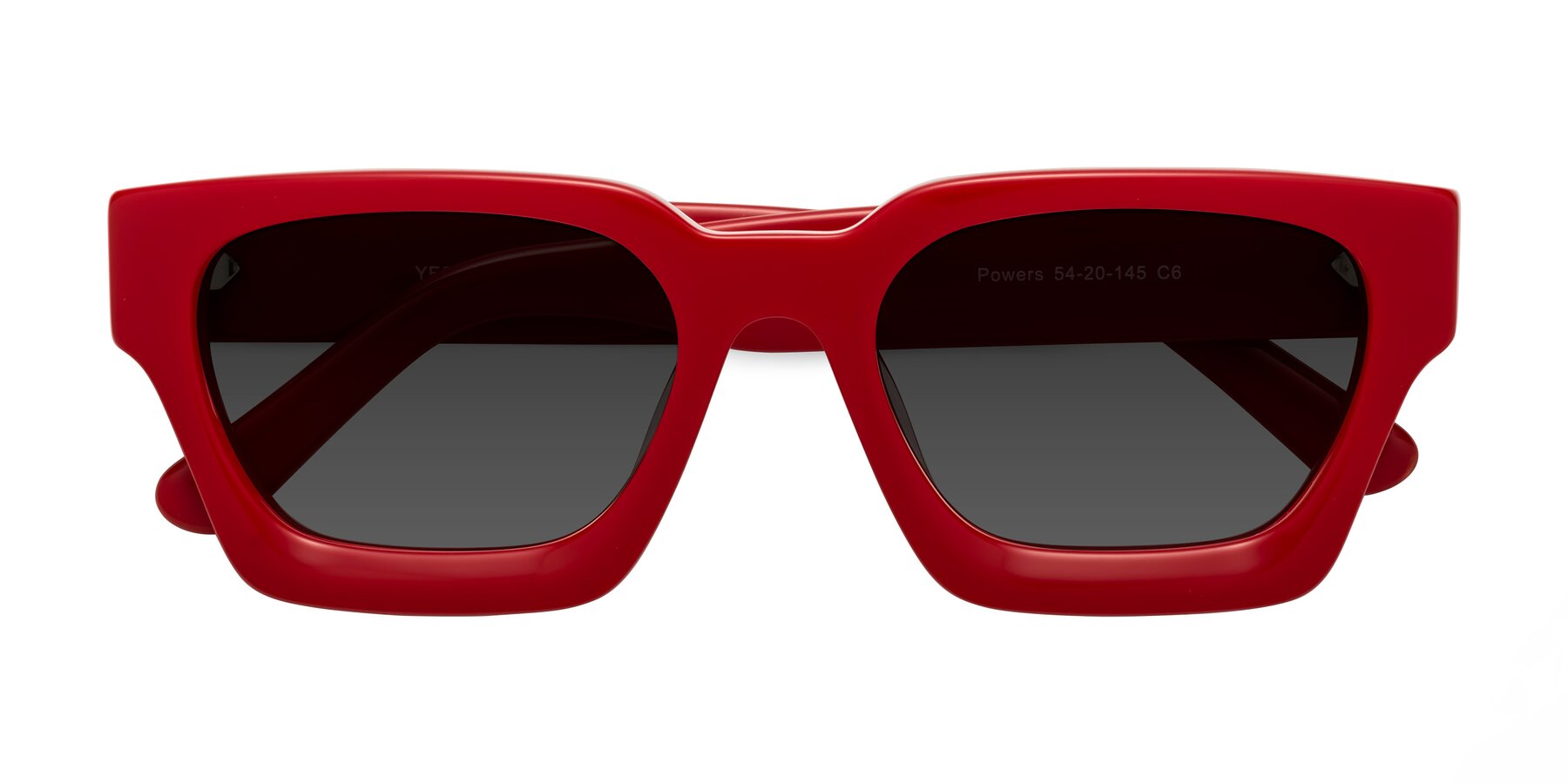 Folded Front of Powers in Red with Gray Tinted Lenses