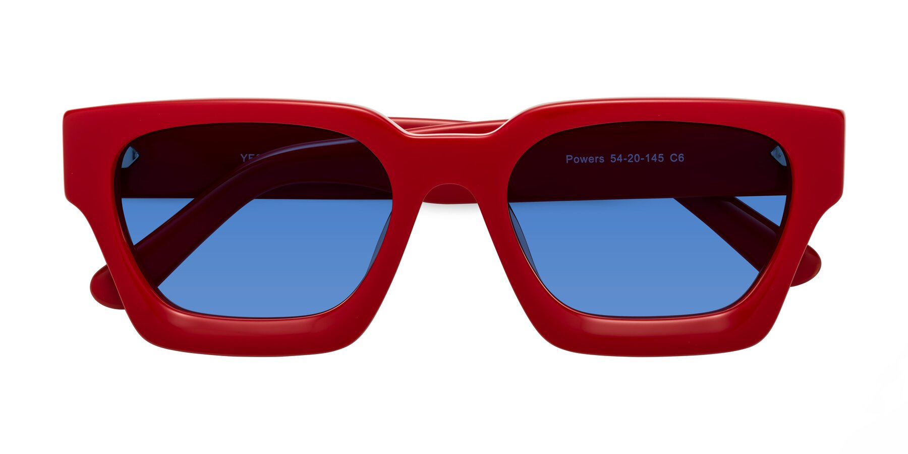 Folded Front of Powers in Red with Blue Tinted Lenses