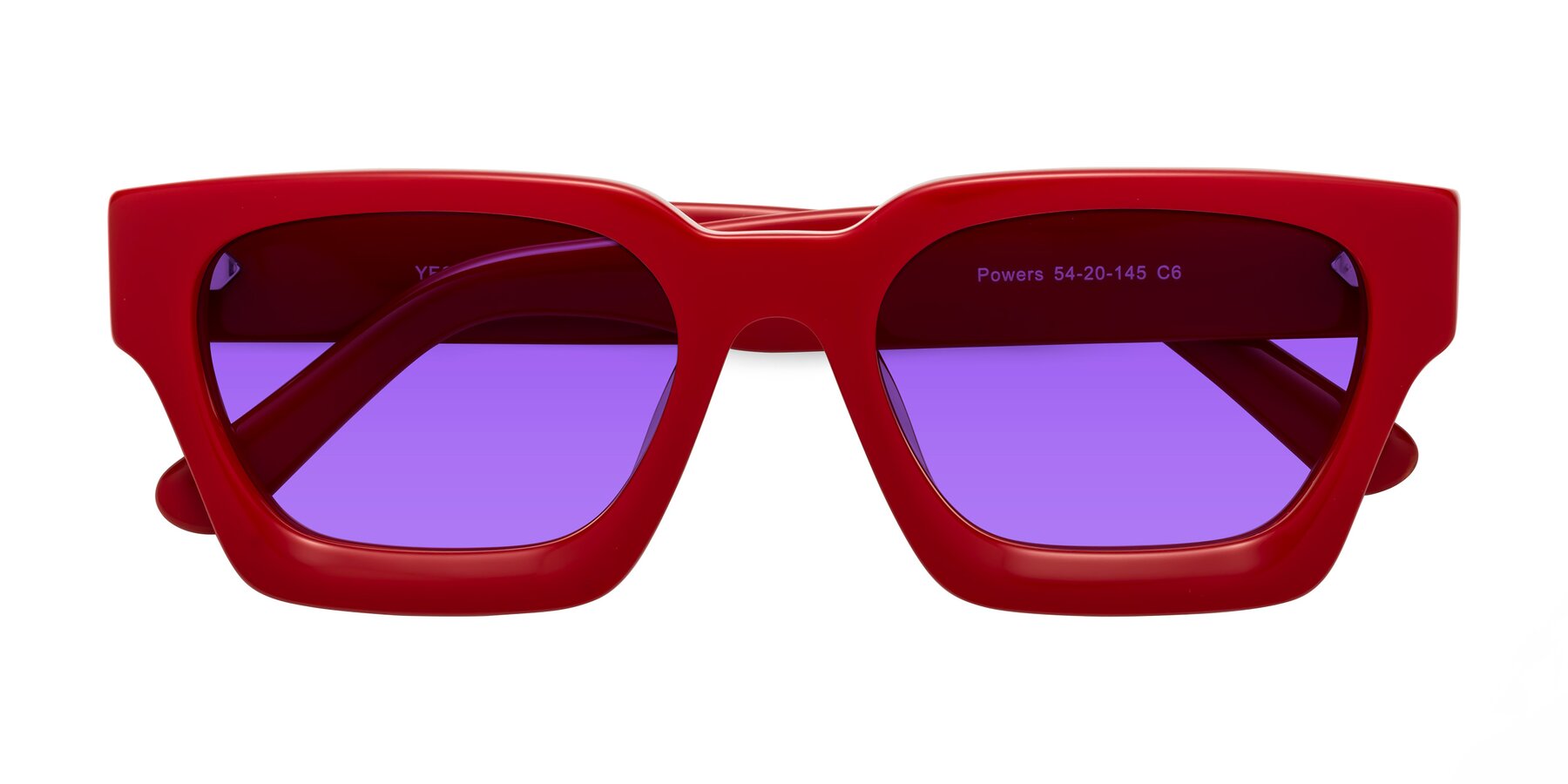 Folded Front of Powers in Red with Purple Tinted Lenses