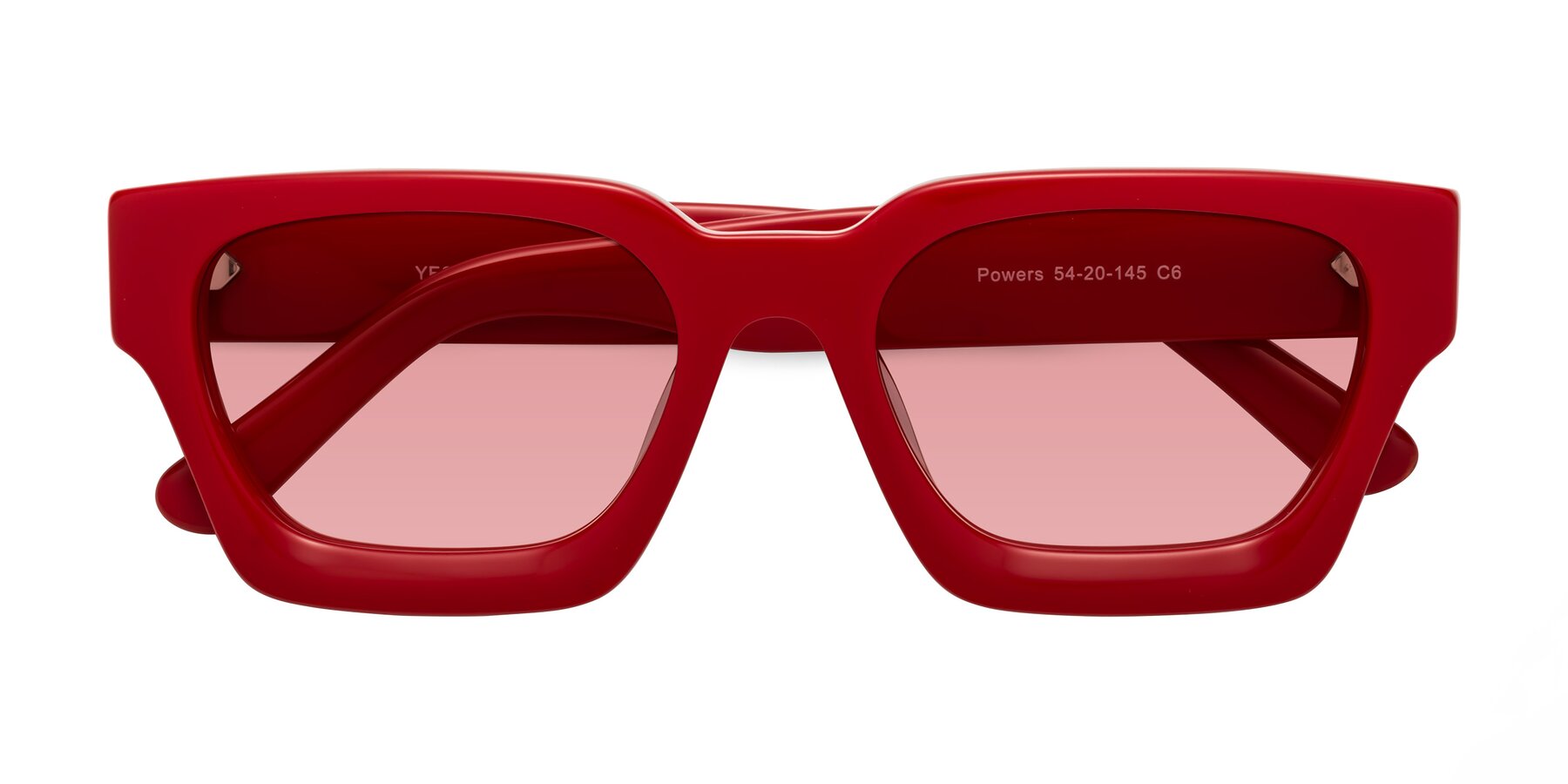 Folded Front of Powers in Red with Medium Garnet Tinted Lenses