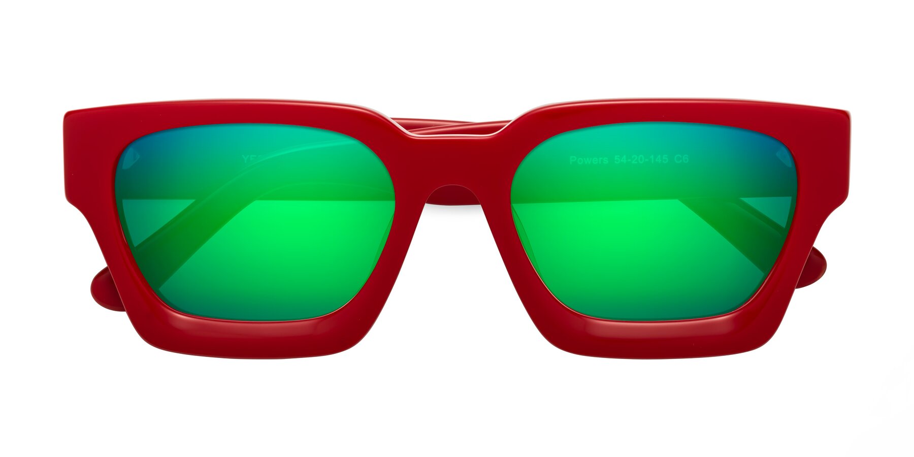 Folded Front of Powers in Red with Green Mirrored Lenses