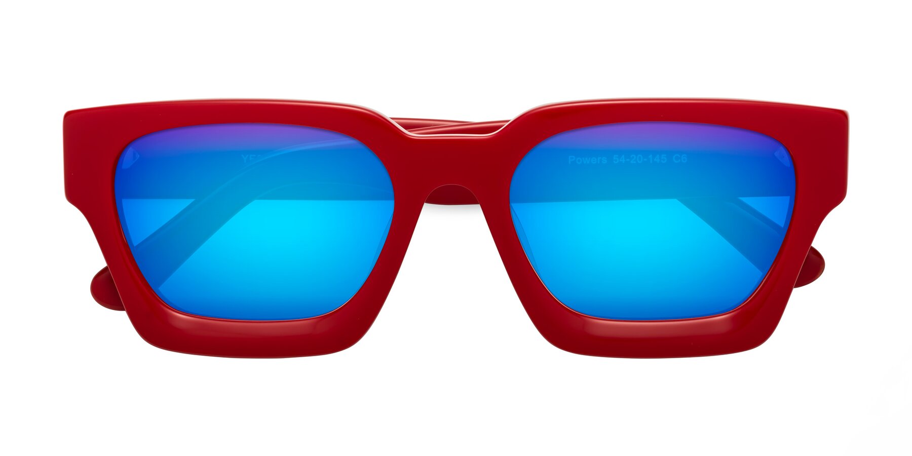 Folded Front of Powers in Red with Blue Mirrored Lenses