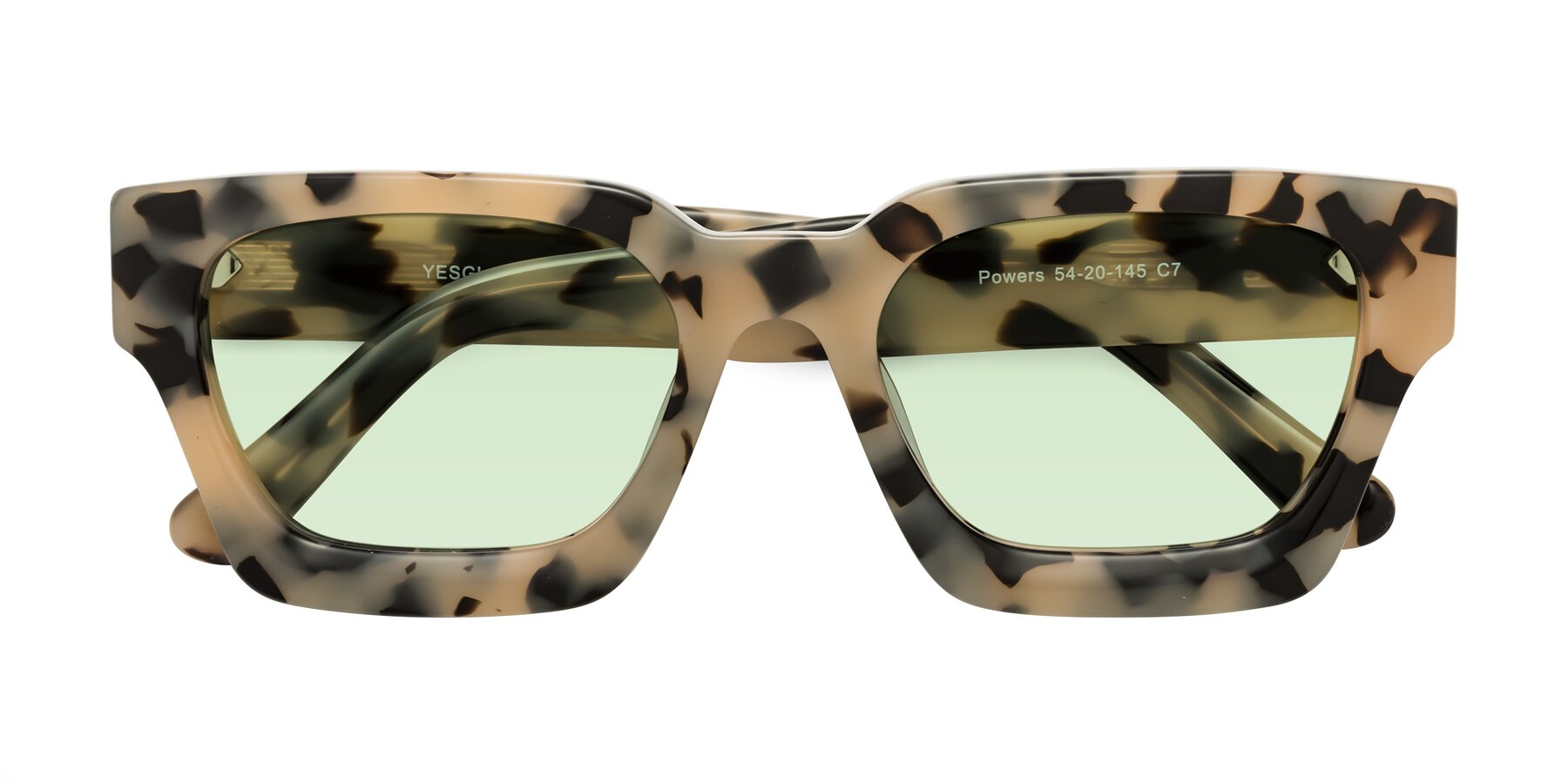 Folded Front of Powers in Ivory Tortoise with Light Green Tinted Lenses