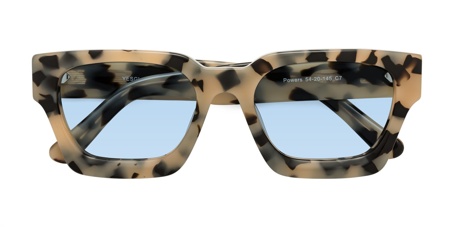 Folded Front of Powers in Ivory Tortoise with Light Blue Tinted Lenses