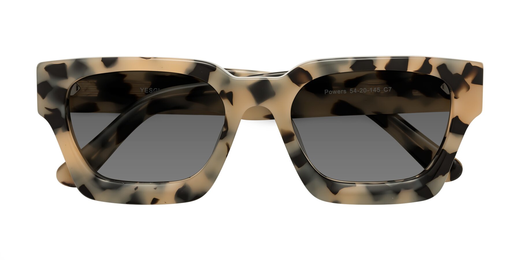 Folded Front of Powers in Ivory Tortoise with Medium Gray Tinted Lenses