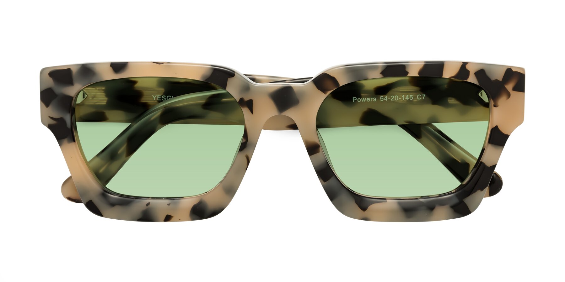 Folded Front of Powers in Ivory Tortoise with Medium Green Tinted Lenses