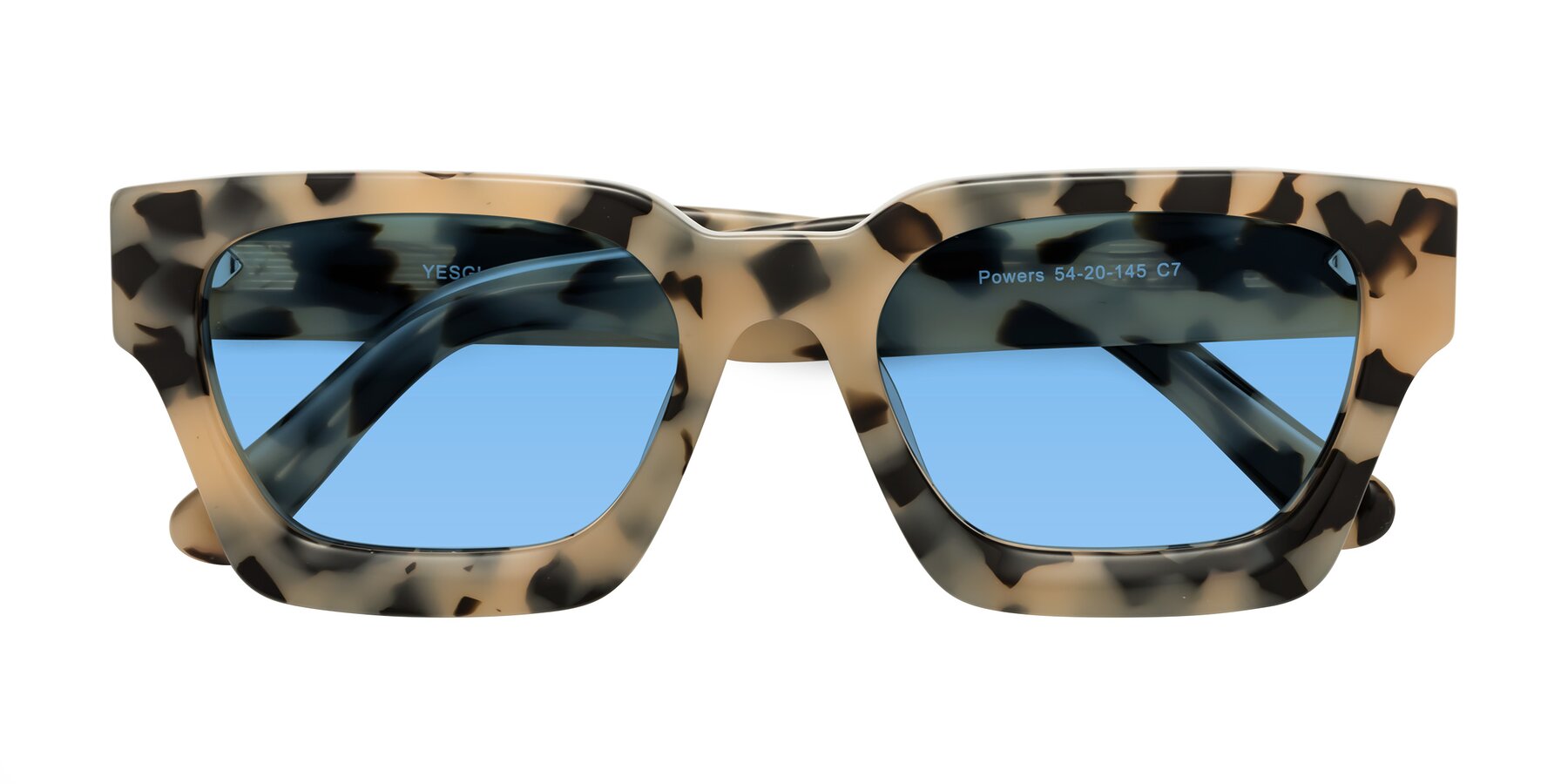 Folded Front of Powers in Ivory Tortoise with Medium Blue Tinted Lenses
