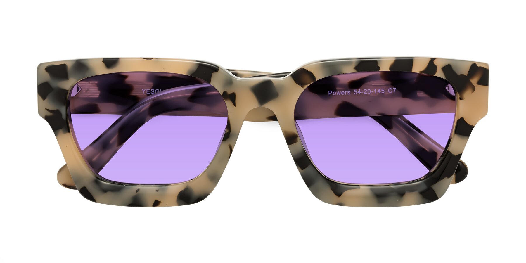 Folded Front of Powers in Ivory Tortoise with Medium Purple Tinted Lenses