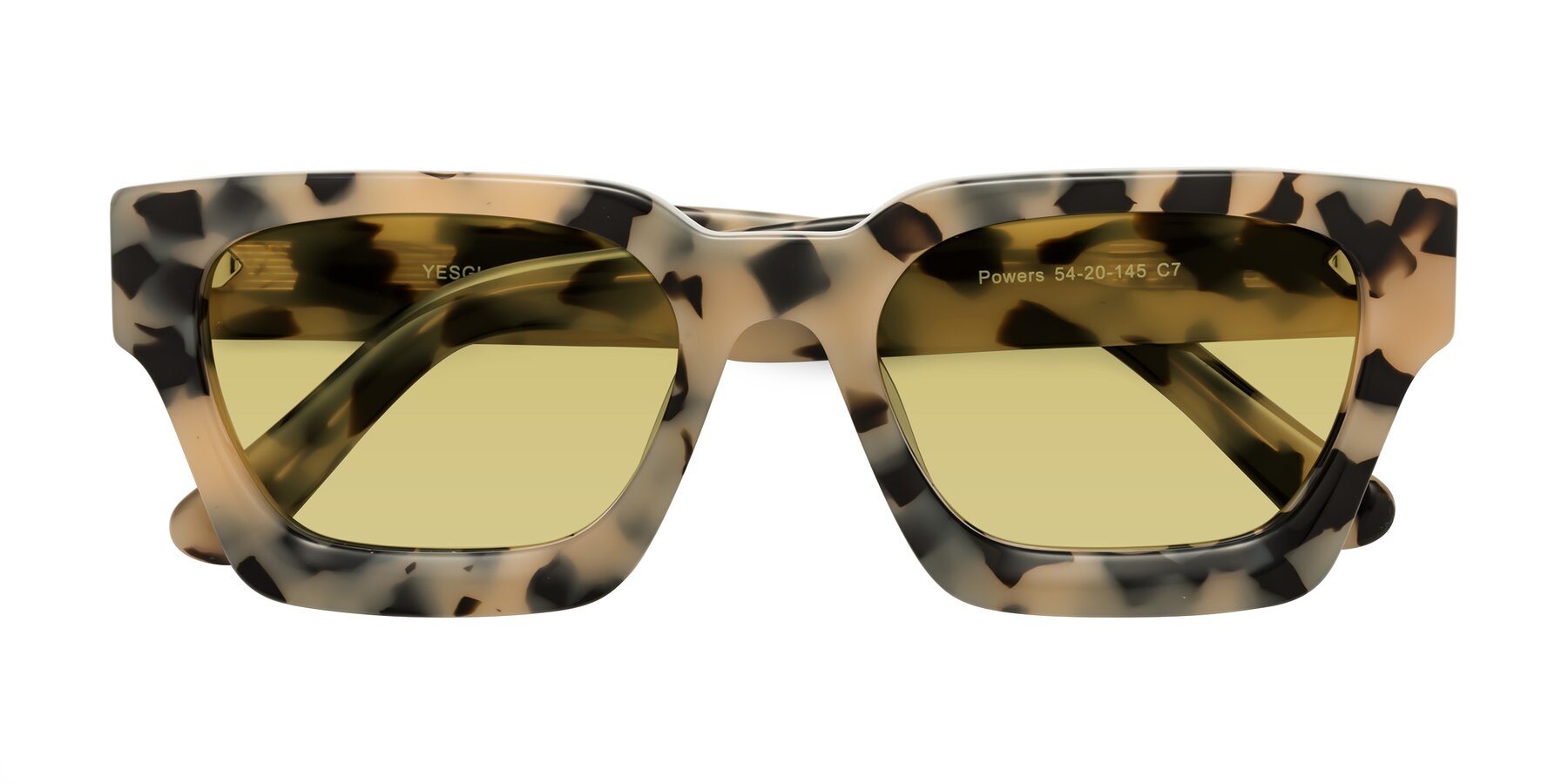 Folded Front of Powers in Ivory Tortoise with Medium Champagne Tinted Lenses