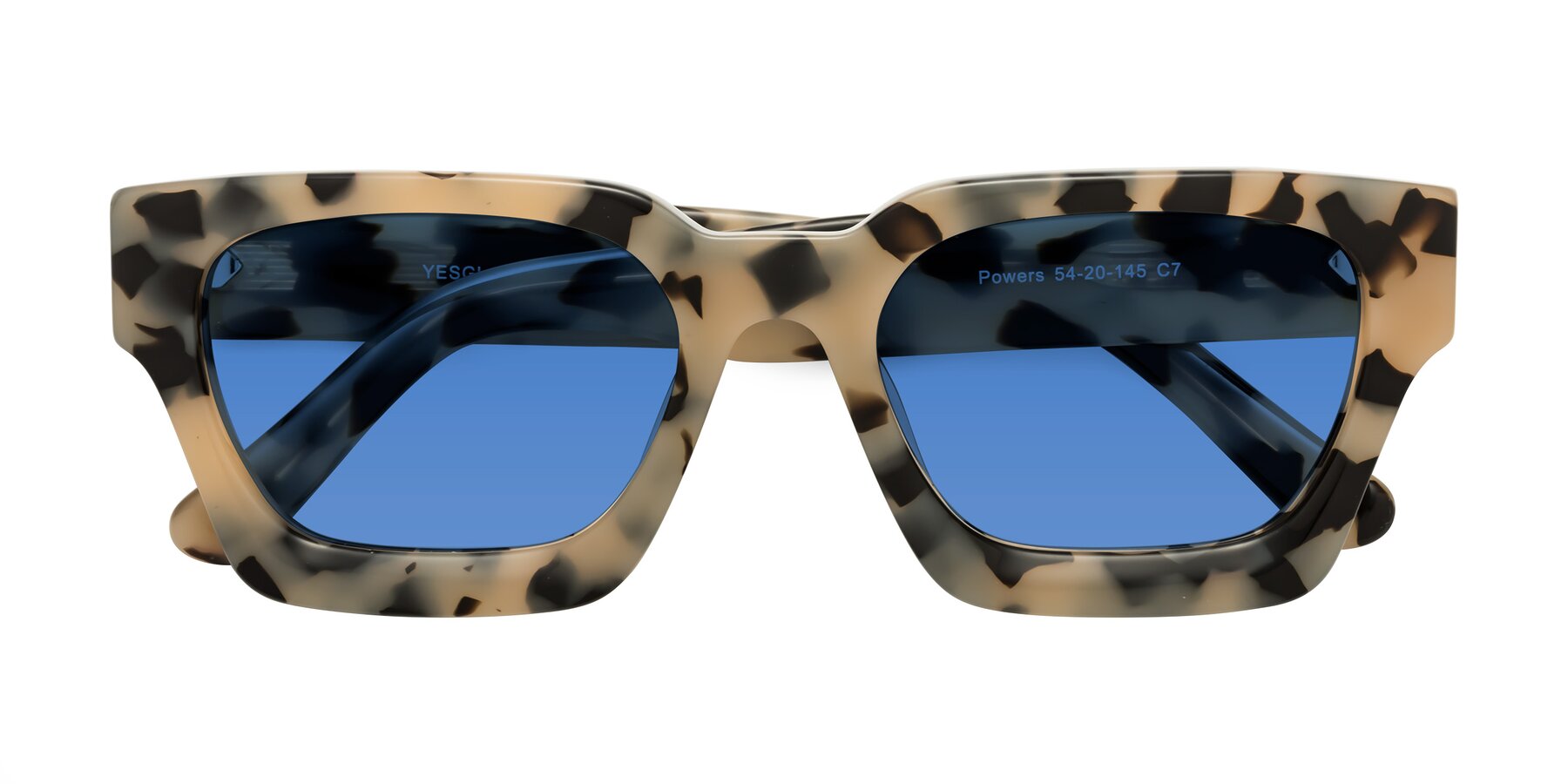 Folded Front of Powers in Ivory Tortoise with Blue Tinted Lenses