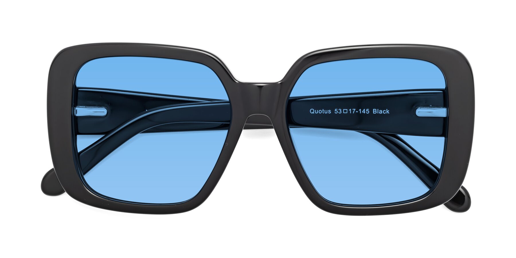 Folded Front of Quotus in Black with Medium Blue Tinted Lenses