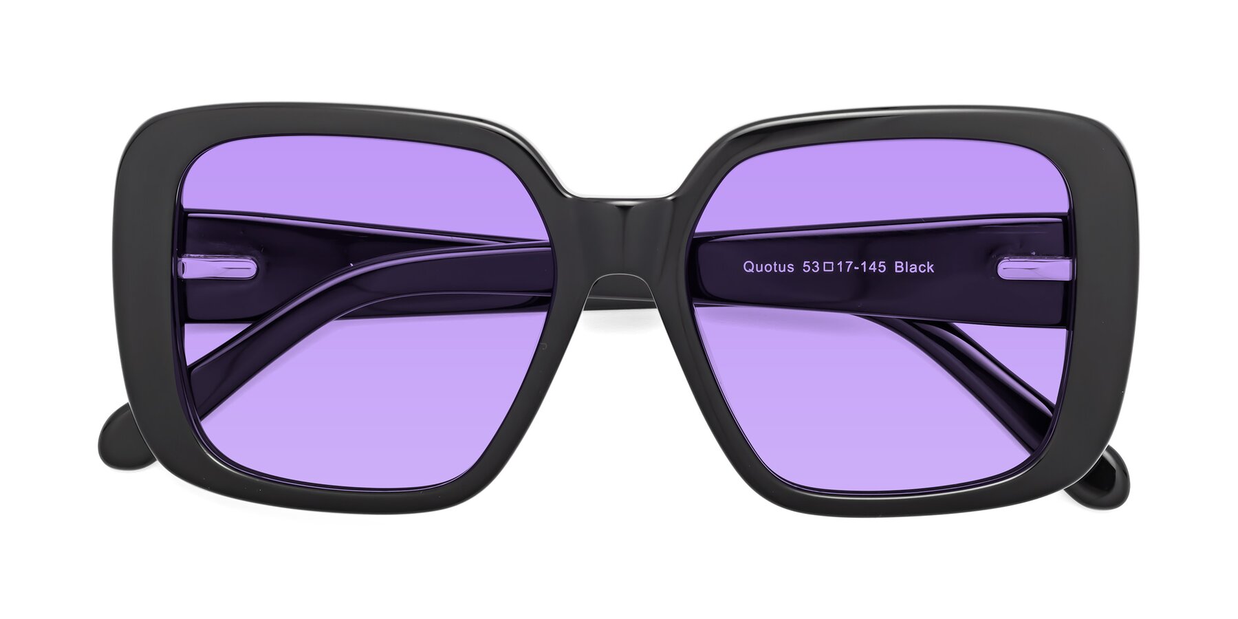 Folded Front of Quotus in Black with Medium Purple Tinted Lenses