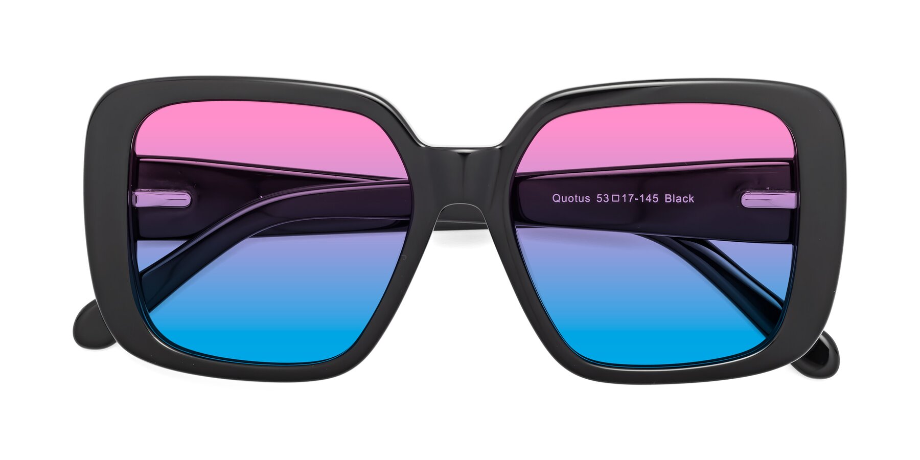 Folded Front of Quotus in Black with Pink / Blue Gradient Lenses