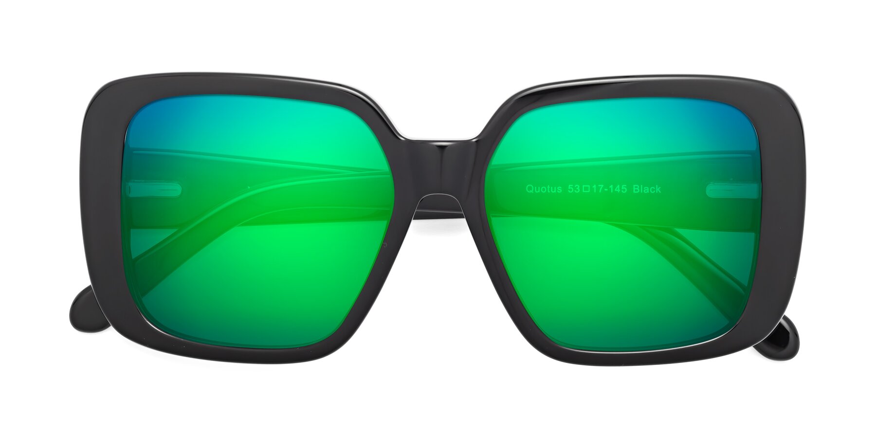Folded Front of Quotus in Black with Green Mirrored Lenses