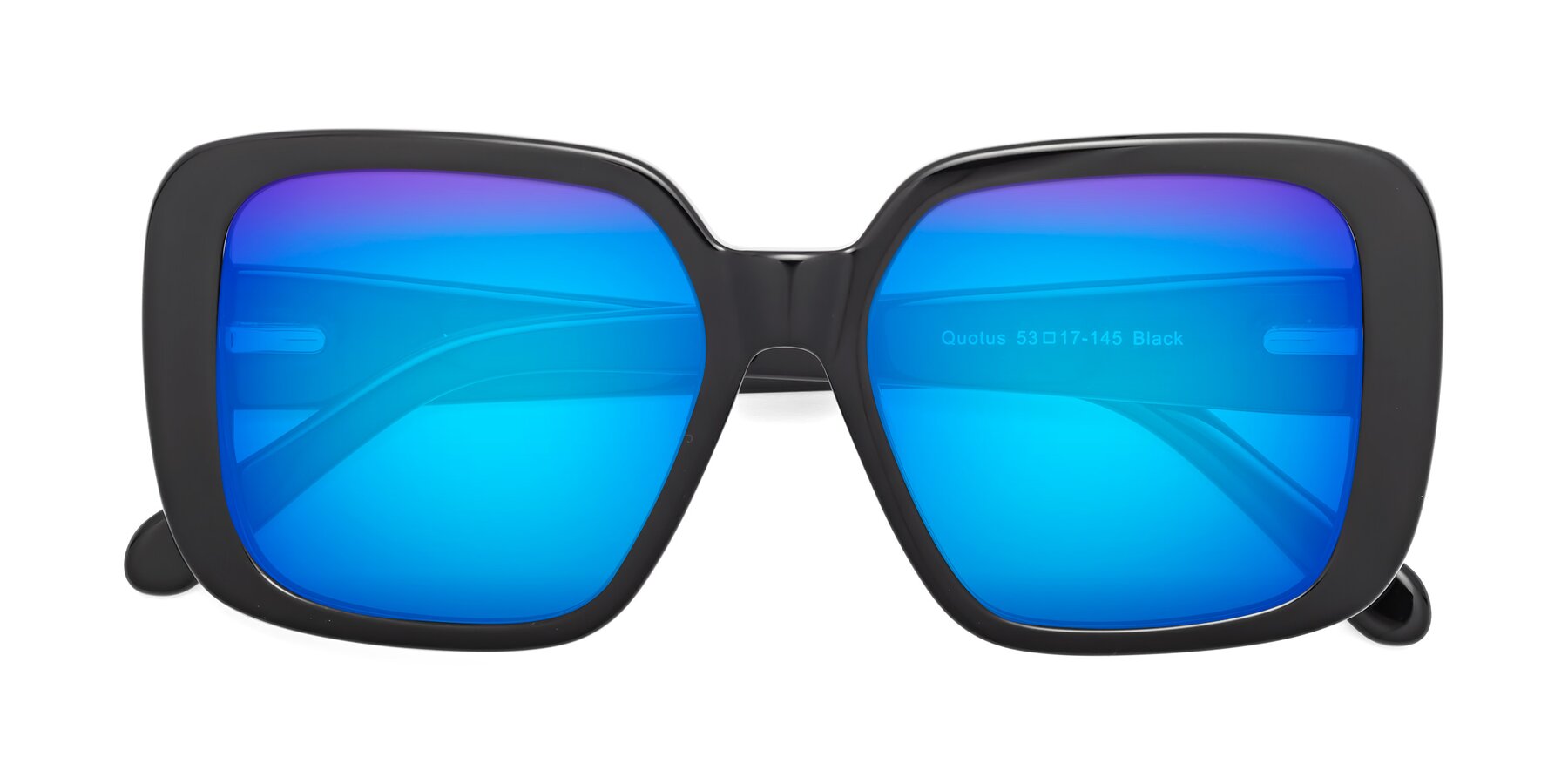 Folded Front of Quotus in Black with Blue Mirrored Lenses