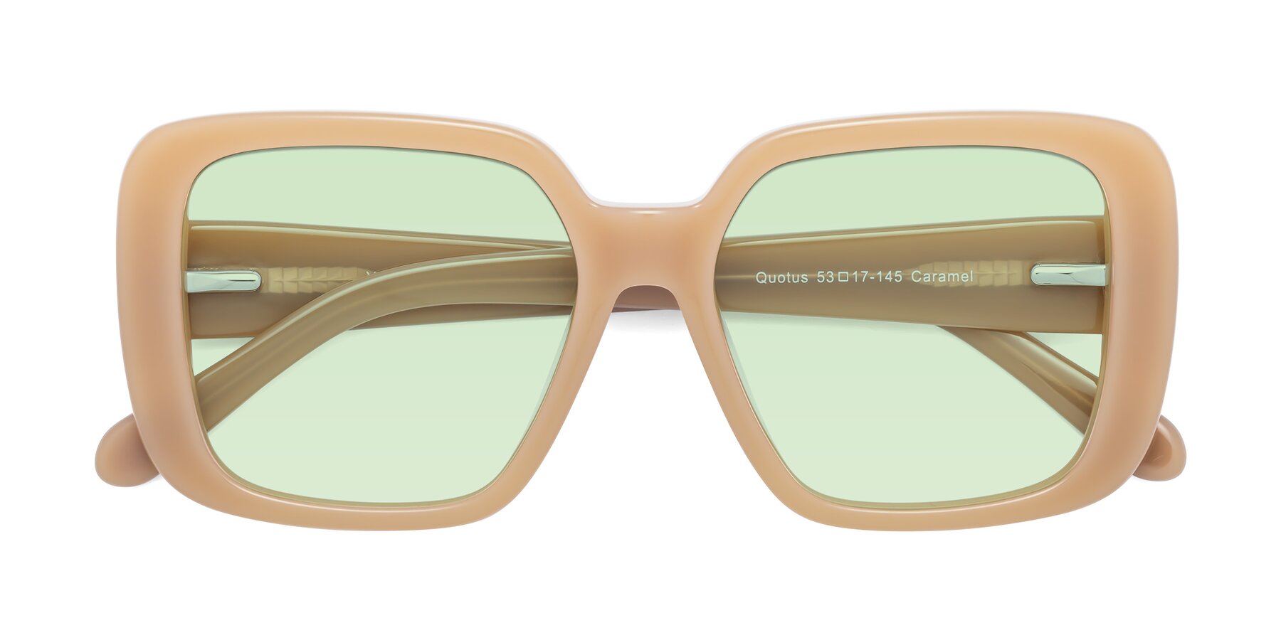 Folded Front of Quotus in Caramel with Light Green Tinted Lenses