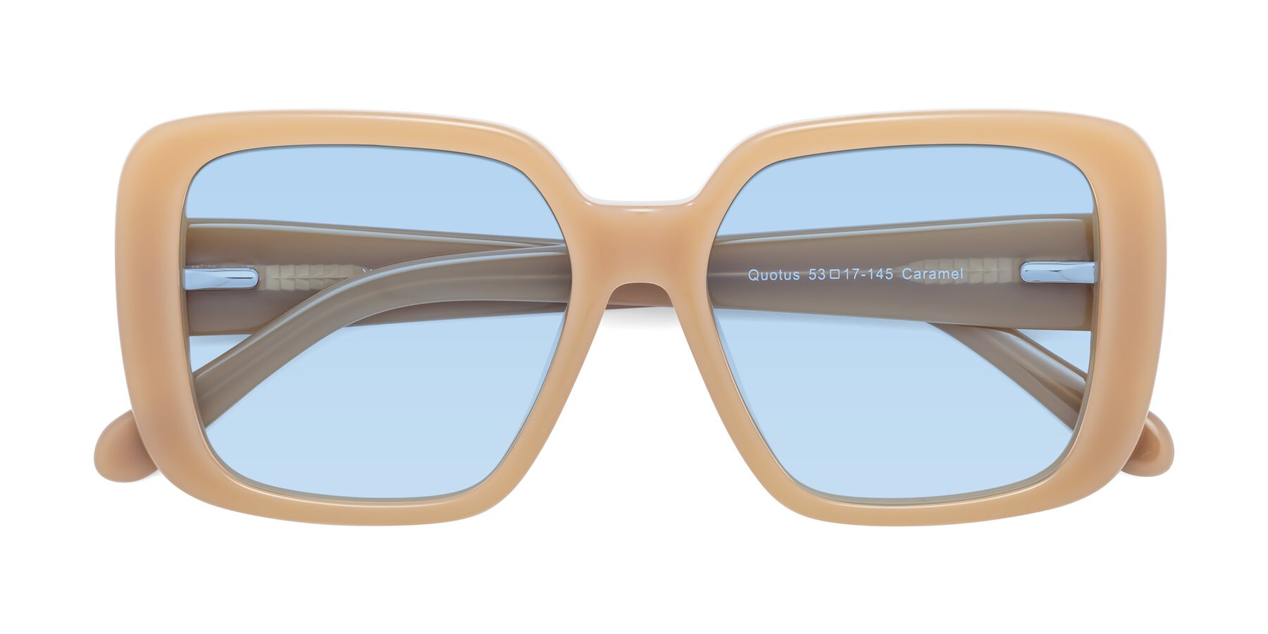 Folded Front of Quotus in Caramel with Light Blue Tinted Lenses