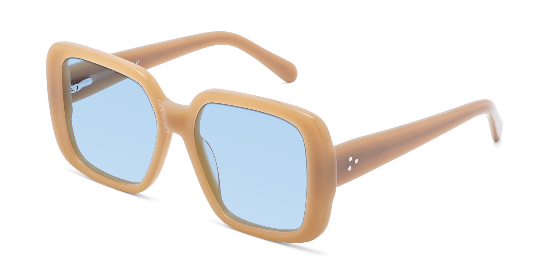 Angle of Quotus in Caramel with Light Blue Tinted Lenses