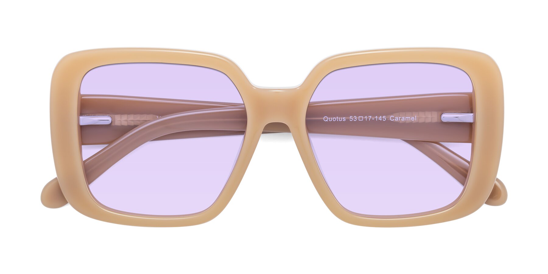 Folded Front of Quotus in Caramel with Light Purple Tinted Lenses