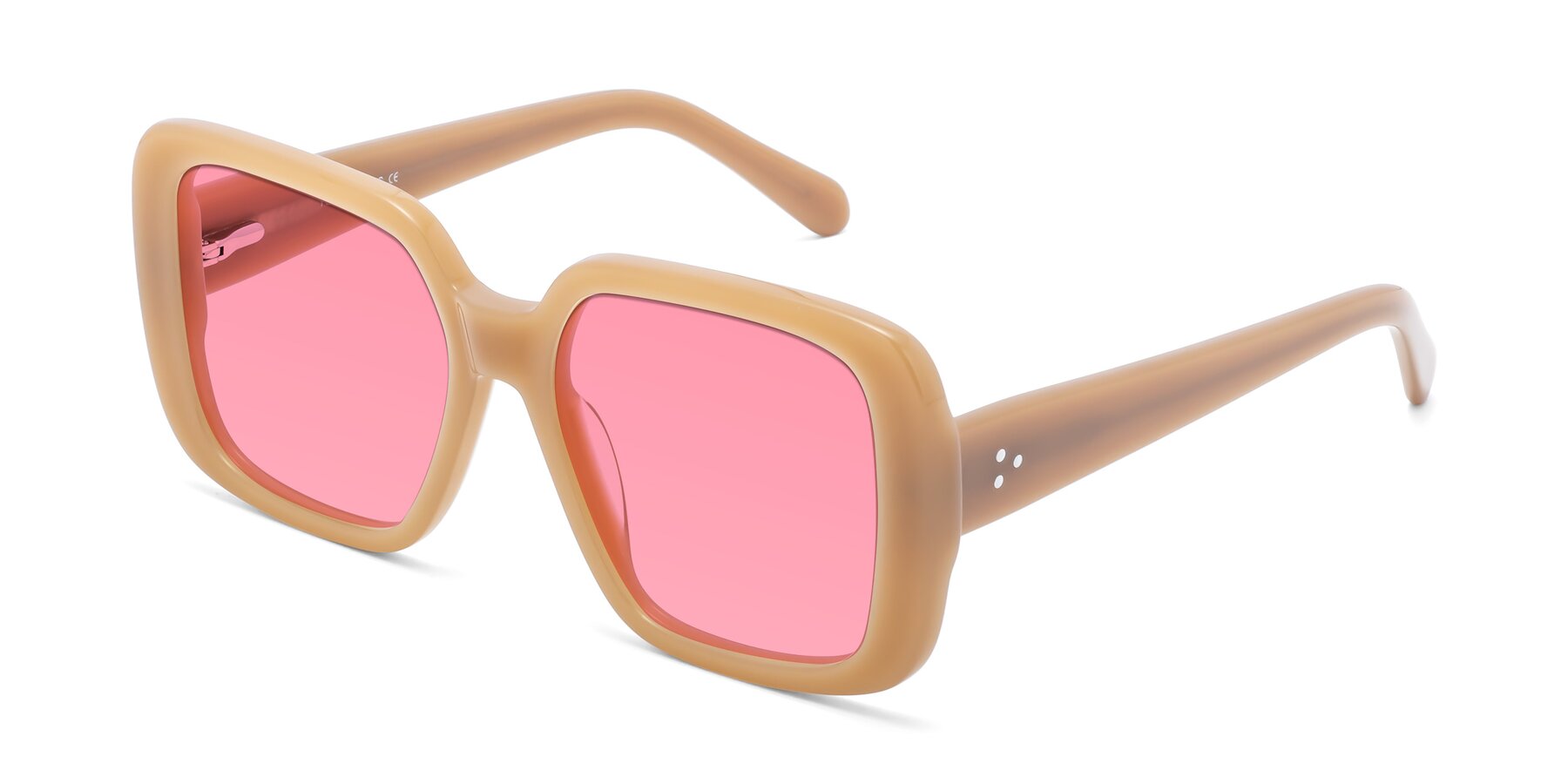 Angle of Quotus in Caramel with Pink Tinted Lenses