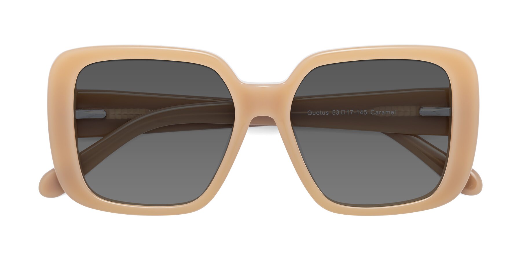 Folded Front of Quotus in Caramel with Medium Gray Tinted Lenses