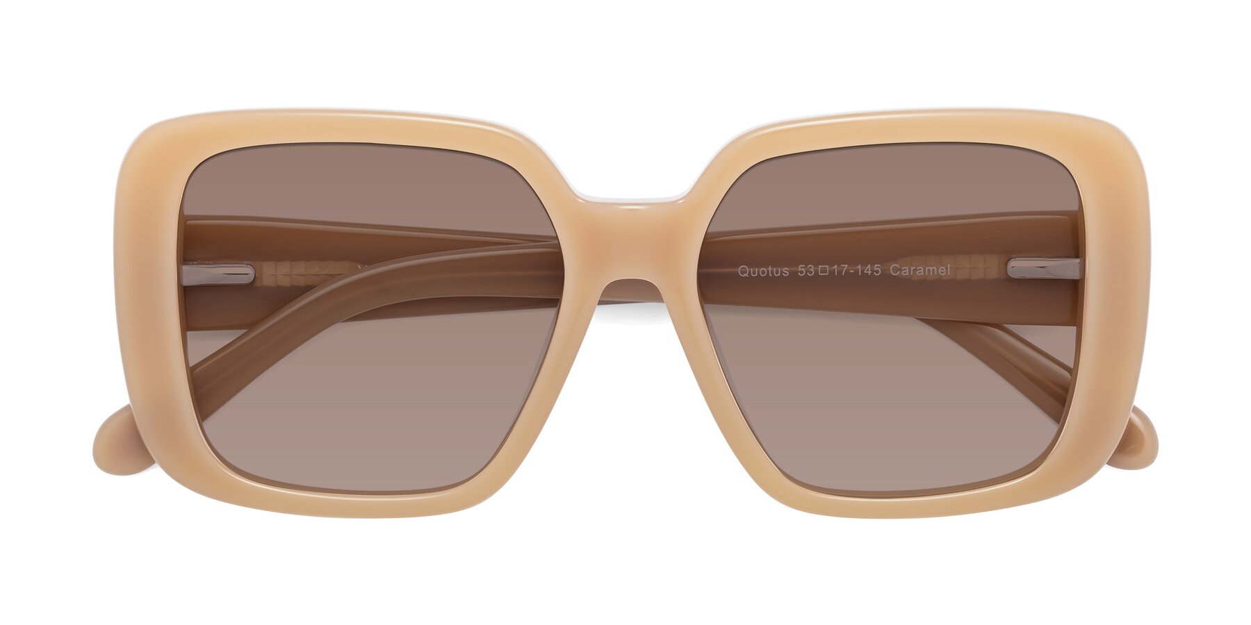 Folded Front of Quotus in Caramel with Medium Brown Tinted Lenses